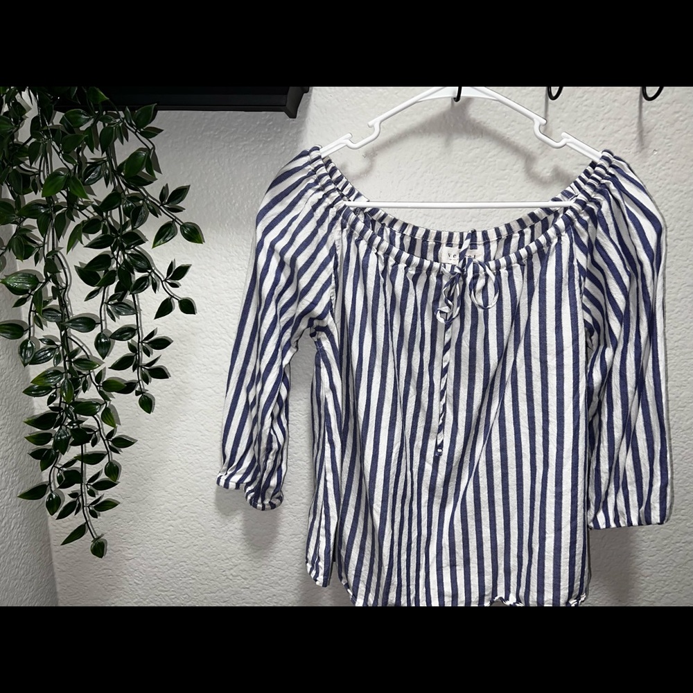 Off the shoulder navy blue and white striped top